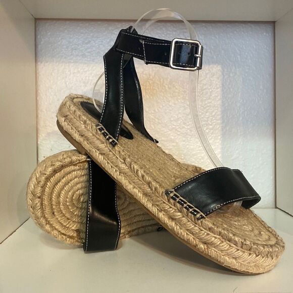 Urban Outfitters Black Leather Espadrille Sandals Ankle Strap Jute Sole Summer - Picture 1 of 14